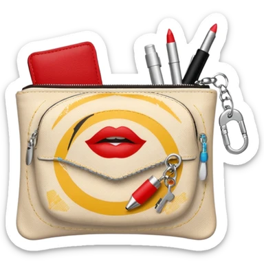 small zipper pouch with essentials, sticker