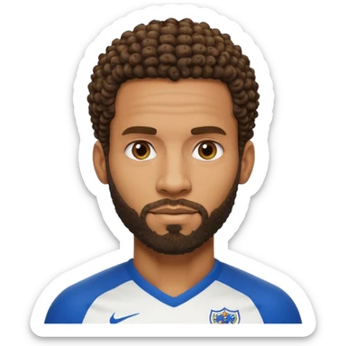 Black British footballer with sharp defined fade haircut, tight curly hair on top, trimmed beard, inspired by Apple emoji style, Rio Ferdinand sticker