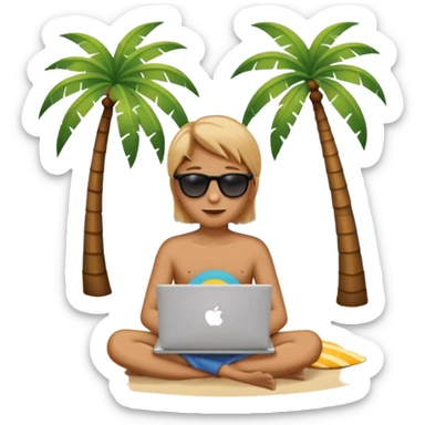 A minimalist emoji-style icon: A gender-neutral person sitting with a laptop on the beach. A palm tree nearby, sun and sea in the background. Relaxed, summery atmosphere. Simplified shapes, no detailed facial features, clean emoji-like design. sticker