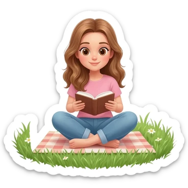 detailed emoji scene of a woman with long light brown wavy hair and light brown eyes reading a book while sitting in the grass, peaceful picnic atmosphere, emoji style illustration sticker