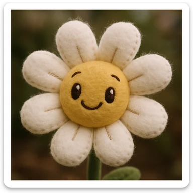 Make the plush flower with white petals and a yellow center, keep it soft and cute, with stitched details and a smiling face. sticker