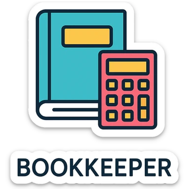 the word BOOKKEEPER in a clear and creative lineal color icon style with black outlines, suitable for a logo or icon sticker