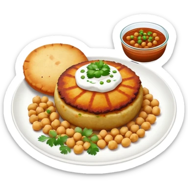 Aloo Tikki Chaat on a small plate with chickpeas, potato patty with yogurt and chutney sticker