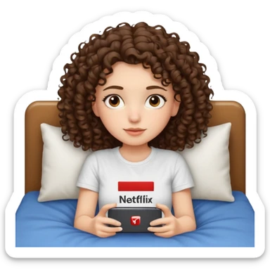 A girl, brunette with curly hair down to her shoulders, watching TV. Have her lie down on the bed, and put on Netflix on the TV. She walks by with her back to the camera, looking at the TV. sticker