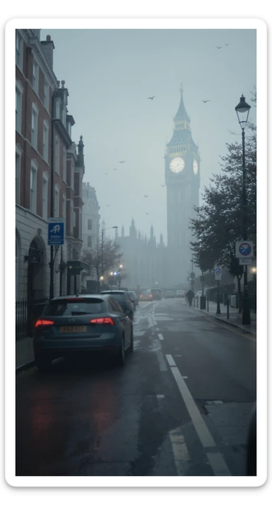 Cinematic shot of a london street, cloudy foggy day, soft light, leading lines to big ben in distance, multi composition, in foreground blurred car, on second street around UK bulding, od another plan in distance big ben, birds flying, artistic look, captured on arri alexa 35 sticker