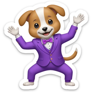 Un perro bailando con un traje morado  sticker