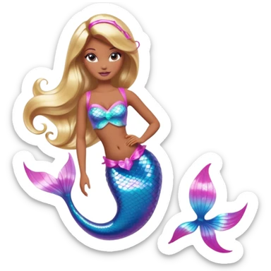 Brown skin blonde hair barbie mermaid with holographic tail and pink highlights in hair  sticker