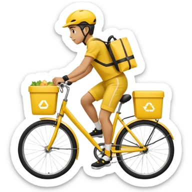 A courier on a yellow bicycle, wearing yellow and black clothes rides from left to right. On the back of the courier is a yellow food delivery bag sticker