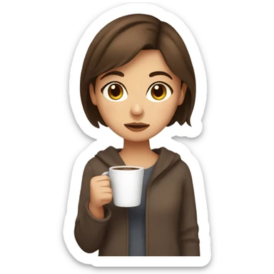 Sleepy brown haired girl with brown eyes holding coffee  sticker
