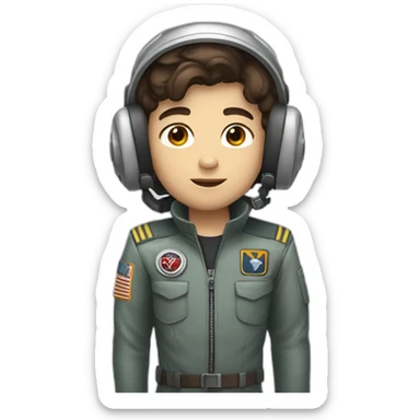 A white young boy with dark brown eyes and dark brown hair and a airplane pilot suit and a radio helmet sticker