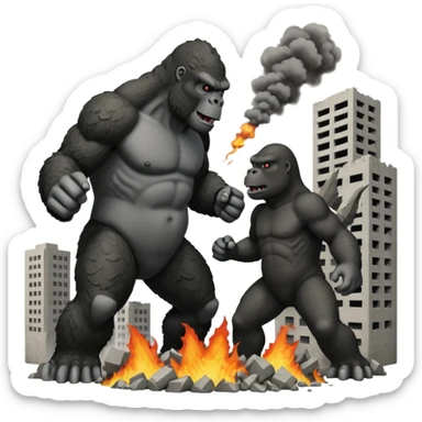 King Kong vs Godzilla with destroyed buildings in the background sticker
