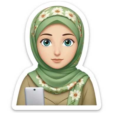 Turkish beautiful finish Konya girl blue eyes and green khaki hijab and light green floral dress and she work on office sticker