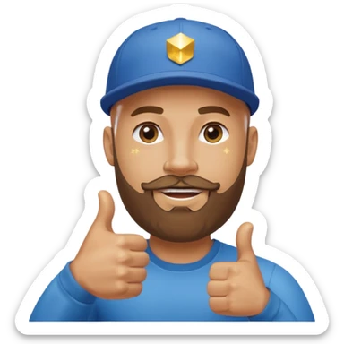 Bald bearded muscular man in cap giving thumbs up, Instagram logo, golden 500, sparkles, minimal emoji style sticker
