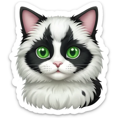 Fluffy tuxedo cat with white fur and grey spots with green eyes sticker