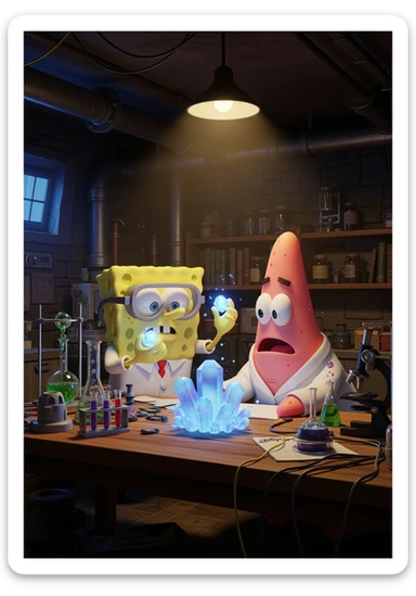 3D cienmatic cartoon shot, spongebob and patric dress in safety glasses and safe white outfit, the are standing front of table with blue crystals on table glowing (light source) science room in basement, back light, Cinema 4d render, proffesional lightning sticker