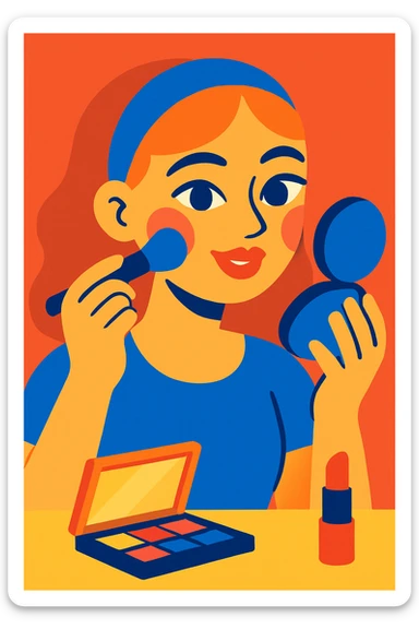 ragazza che si trucca, stile illustrativo moderno, colori vivaci sticker