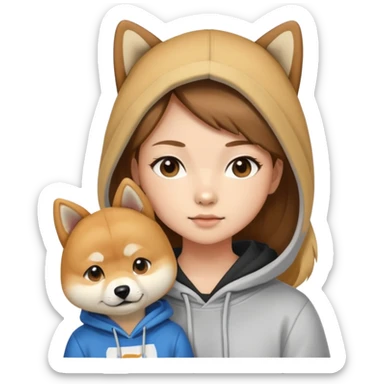 A brown hair with some blonde highlight girl wearing a hoodie and a five year old Shiba Inu next to her sticker