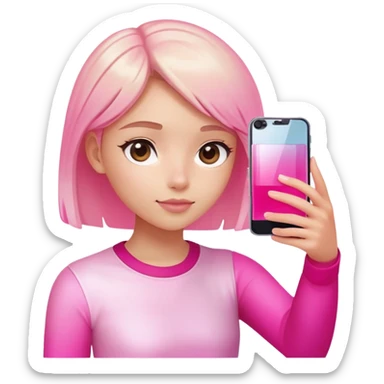 girl taking selfie, transparent glass with bright pink gradient from #FF335F to #FF99AA, highlights and reflections, minimalistic sticker