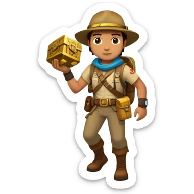 an adventure game, inspired by Uncharted-2. The design features a rugged explorer navigating through ancient ruins, with treasure and obstacles in the background. A dynamic environment with jungle, cliffs, and puzzles highlights the thrill of discovery and action. Transparent background. sticker