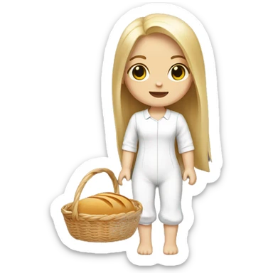 cute white doll, with jumpsuit, white shirt in it, long straight hair, holding a bread basket sticker