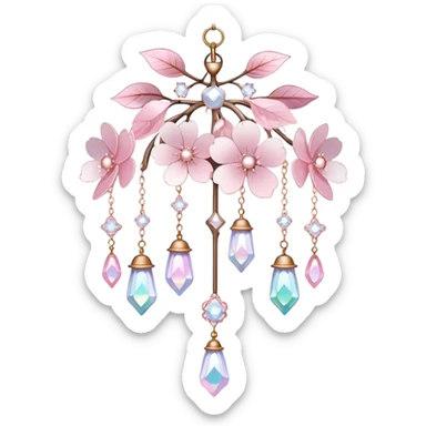 Hanging Iridescent pastel pink sakura crystals white-pearly suncatcher with bell CHANDELIER sticker