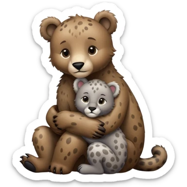 brown bear cub hugs gray puma sticker