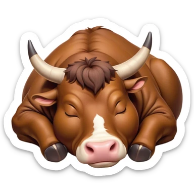 Meme-Worthy Cute Sleeping Brown Bull Portrait Emoji, Head resting peacefully with a contented smile, showcasing a robust, massive build and a luxuriously soft rich brown hide, eyes shut in a serene, restful nap, Simplified yet hilariously adorable features, highly detailed, glowing with a soft, drowsy light, high shine, relaxed and utterly lovable, stylized with an air of playful laziness, bright and heartwarming, soft glowing outline, capturing the essence of a comically sleepy guardian, so meme-worthy it feels like it could instantly become the next viral sensation of adorable slumber! sticker
