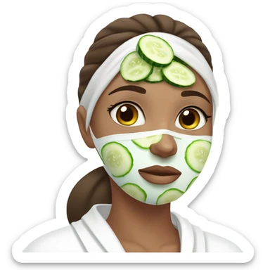 Girl with freackles Brown hair white skin and blue eyes wears Green colored texture skin care mask all over her face while She relaxes and puts two round piece of cucumber on her closed eyes In a white Robe sticker