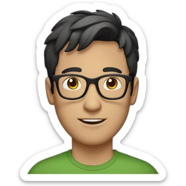 white guy with short dark hair wearing glasses and dark t-shirt with flowers print sticker