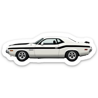 Minimalist white 1971 Dodge Challenger muscle car, side view, iconic white paint job, black stripe on the side, classic American muscle car from the movie Death Proof sticker
