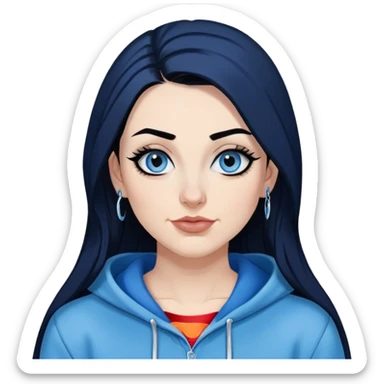 Happy-30-year-old-adult-long-straight-dark-blue-and-black-hair-blue-eyes-thick-black-eyeliner-really-thick-really-long-eye-lashes-sky-blue-superman-no-ears-hoodie-sweatshirt-nose-piercing-lip-piercing sticker