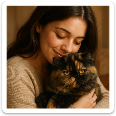 brunette girl snuggling a tortoiseshell Persian cat, warm and affectionate scene sticker