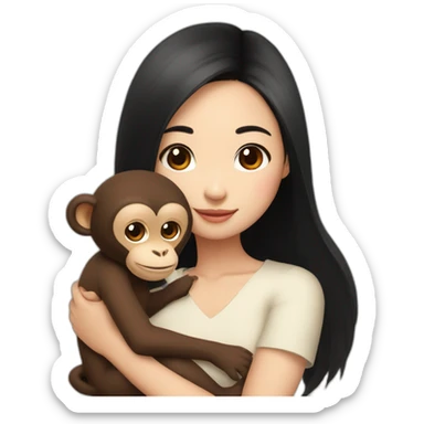 Asian girl with brown eyes and black hair and cute top cuddling a brown lovely monkey sticker