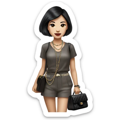 Realistic Dark hair Chanel Asian Girl with Birkin bag and Chanel necklace sticker