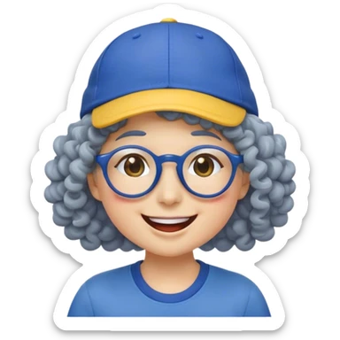 female yellow smiley face emoji, big smile, winking, wearing a blue ballcap backwards, grey curly hair, glasses, no eye color, head only, yellow, simple style, no ornament on hat, yellow, face only sticker