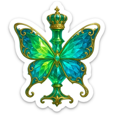 luxurious crystal butterfly-shaped bottle with short neck and crown, green (#c0ff53) and blue colors, glowing, ornaments, magical effects, golden details, transparent background, beautiful connected base, floating in air, no base or shadow, very similar to original sticker