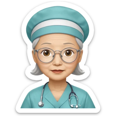 OLD ASIAN WOMAN WITH GLASSES, NURSE SCRUBS, CAP, NO HAIR SHOWING sticker