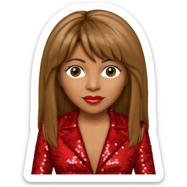 Tina Turner with long brown straight hair, red sequin outfit sticker