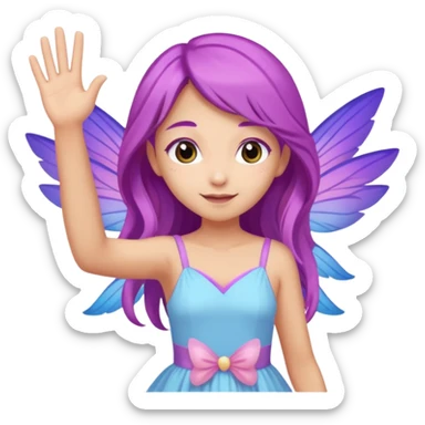 Tan fairy with long purple hair,  pastel pink blue and purple wings, wearing a, pastel pink dress, Waving with one hand sticker