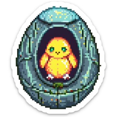 a tiny fetal shape inside of a large glass egg, alien embryo, eerie, tiny glowing eyes sticker