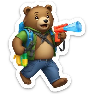 Bear in a gang pulling out a water gun from a backpack sticker