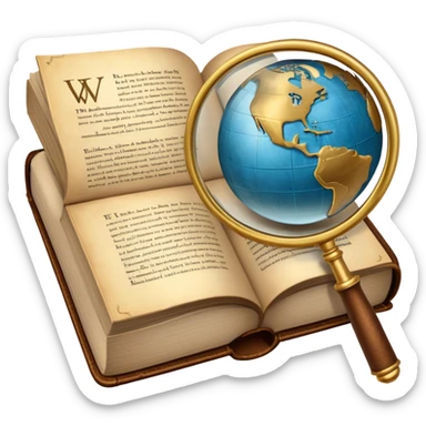 Icon for Non-Fiction & Narrative Reading: an open book with historical facts and narrative text on the pages, surrounded by a globe, a magnifying glass, and a quill. The icon should evoke the blend of fact and storytelling in non-fiction literature. Transparent background. sticker