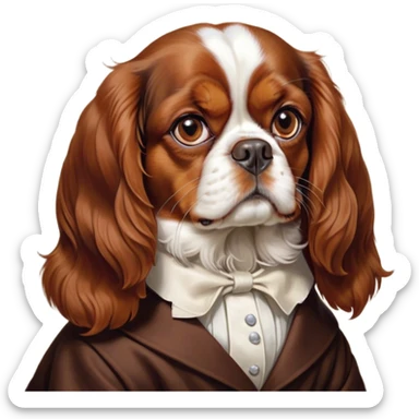 Cinematic Meme-Worthy Grumpy Blenheim Cavalier King Charles Spaniel Portrait Emoji, Head held high but eyes filled with dramatic disappointment, smooth Blenheim coat with striking chestnut and white patches, deeply furrowed brow forming an unmistakable scowl, floppy ears slightly angled back in disapproval, piercing brown eyes glaring with pure exasperation, Simplified yet hilariously over-exaggerated features, highly detailed, glowing with an aura of supreme annoyance, high shine, exhausted yet judgmental, stylized with an almost regal pettiness, bright but brooding, soft glowing outline, capturing the essence of a companion that has seen it all and is thoroughly unimpressed, so meme-worthy it feels like it could instantly become the next viral sensation of grumpiness! sticker