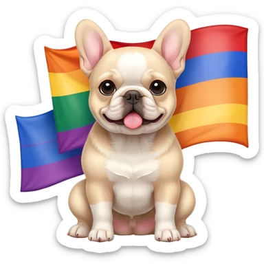 Cream French Bulldog infront of a pride flag sticker