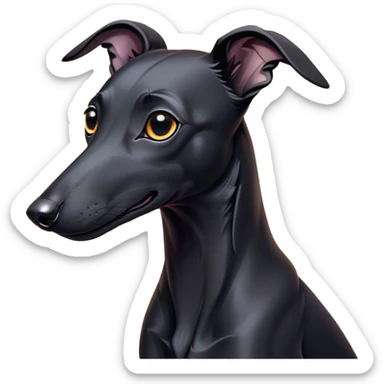 Cinematic Cute Black Greyhound Portrait Emoji, Head tilted playfully and inquisitively, featuring a smooth, shiny jet-black Fur and round, sparkling dark eyes filled with curiosity, Simplified yet irresistibly adorable features, highly detailed, glowing with a warm, friendly glow, high shine, affectionate and agile, stylized with a touch of whimsy, bright and endearing, soft glowing outline, capturing the essence of a mischievous yet loving racer, so playful it feels like it could dash out of the screen and into your arms! sticker