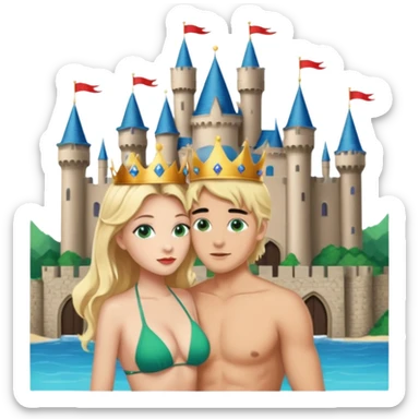 Blonde Queen with crownGreen eyes in Bikini kissing Male subject without crown black hair blue eyes Background Castle  sticker