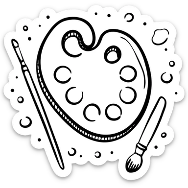 Detailed artist's palette with colorful paint blobs, palette holes, and paintbrushes nearby. Detailed hand-drawn icon style. sticker