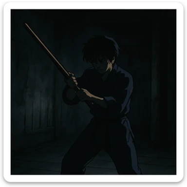 a figure training in the dark, with shadows and a mysterious atmosphere sticker