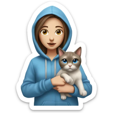 girl with brown hair, hazel eyes, and freckles, wearing a hoodie, holding a Siamese cat that is white and gray and the cat has blue eyes  sticker
