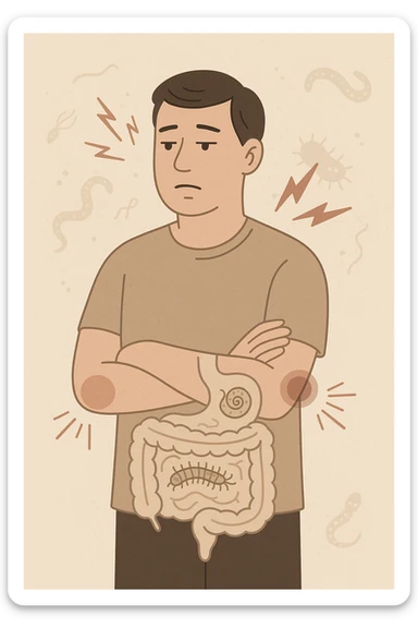 uomo che ignora i suoi un mal di testa, mal di schiena e dolore articolare e ignora ogni segnale e messaggio che il corpo manda per avvertirlo, ma alla fine dipendono tutto dai parassiti intestinali  sticker